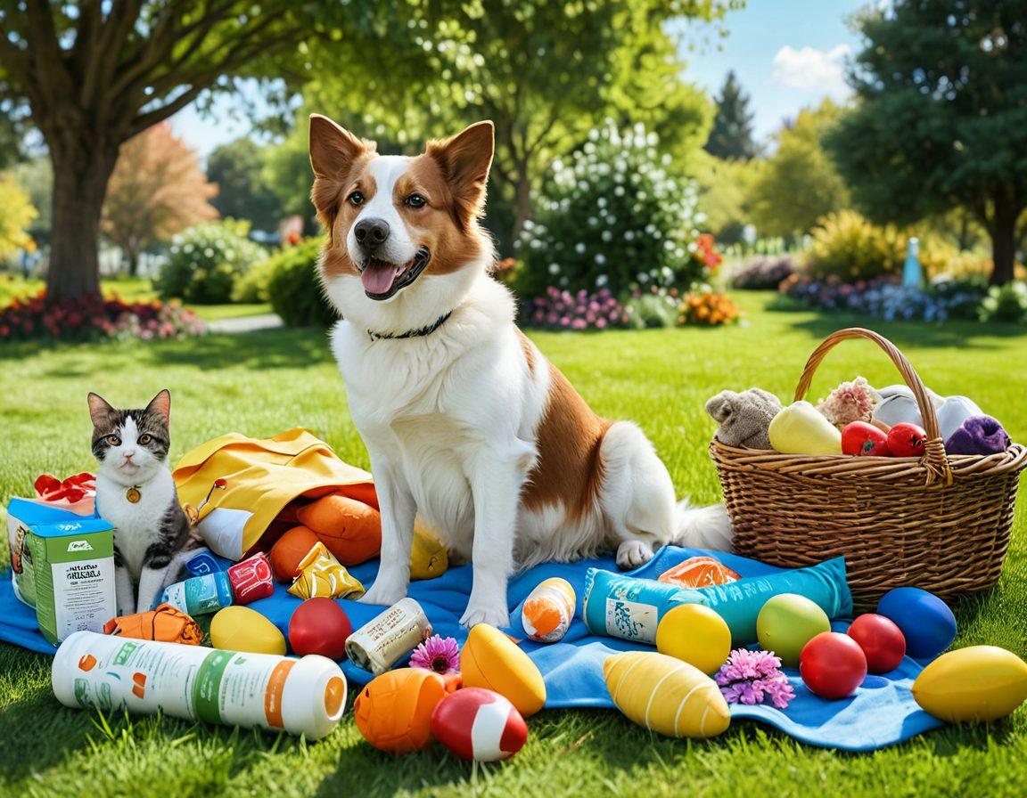 A cozy scene of various happy pets, including a dog and cat playing together, surrounded by vibrant pet wellness items like organic food, toys, and a first aid kit. The background features a sunny, grassy park with trees and flowers, symbolizing health and joy. The pets display playful expressions, embodying happiness and vitality. colorful, cheerful atmosphere. super-realistic.