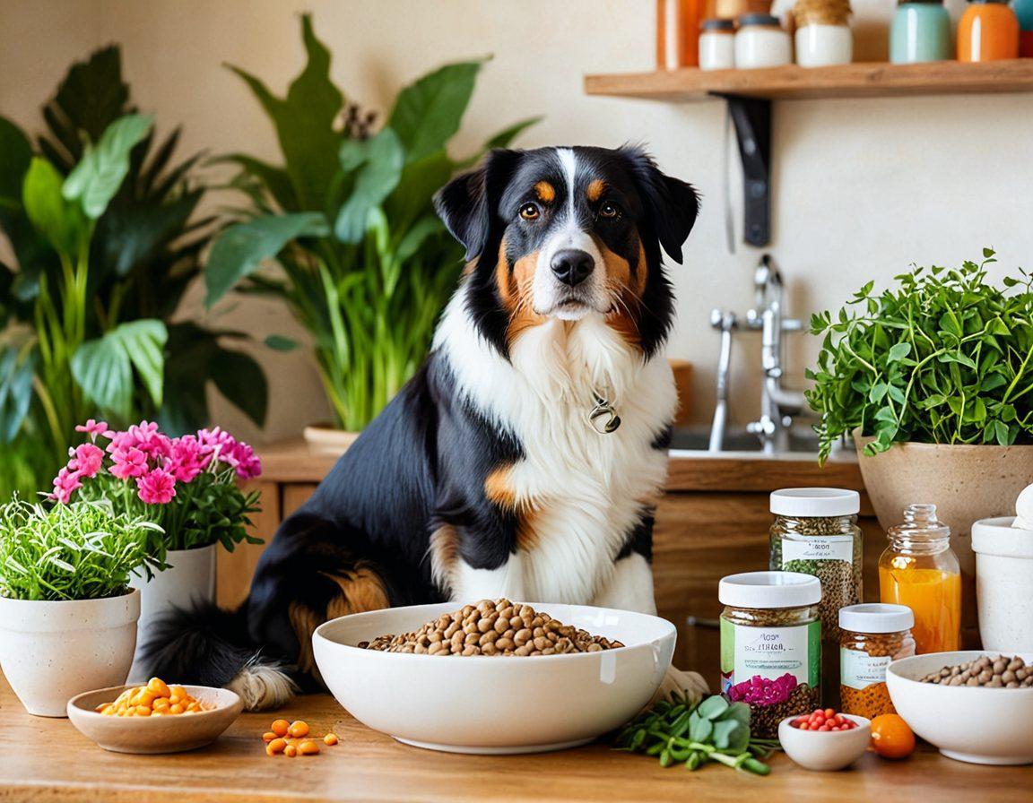 A cozy, warm scene depicting a happy dog and cat being groomed with gentle hands, surrounded by bowls of colorful, healthy pet food and vibrant plants. In the background, a holistic pet care practitioner is blending natural supplements. This image reflects a blend of comfort and well-being in pet care. super-realistic. vibrant colors. soft focus.