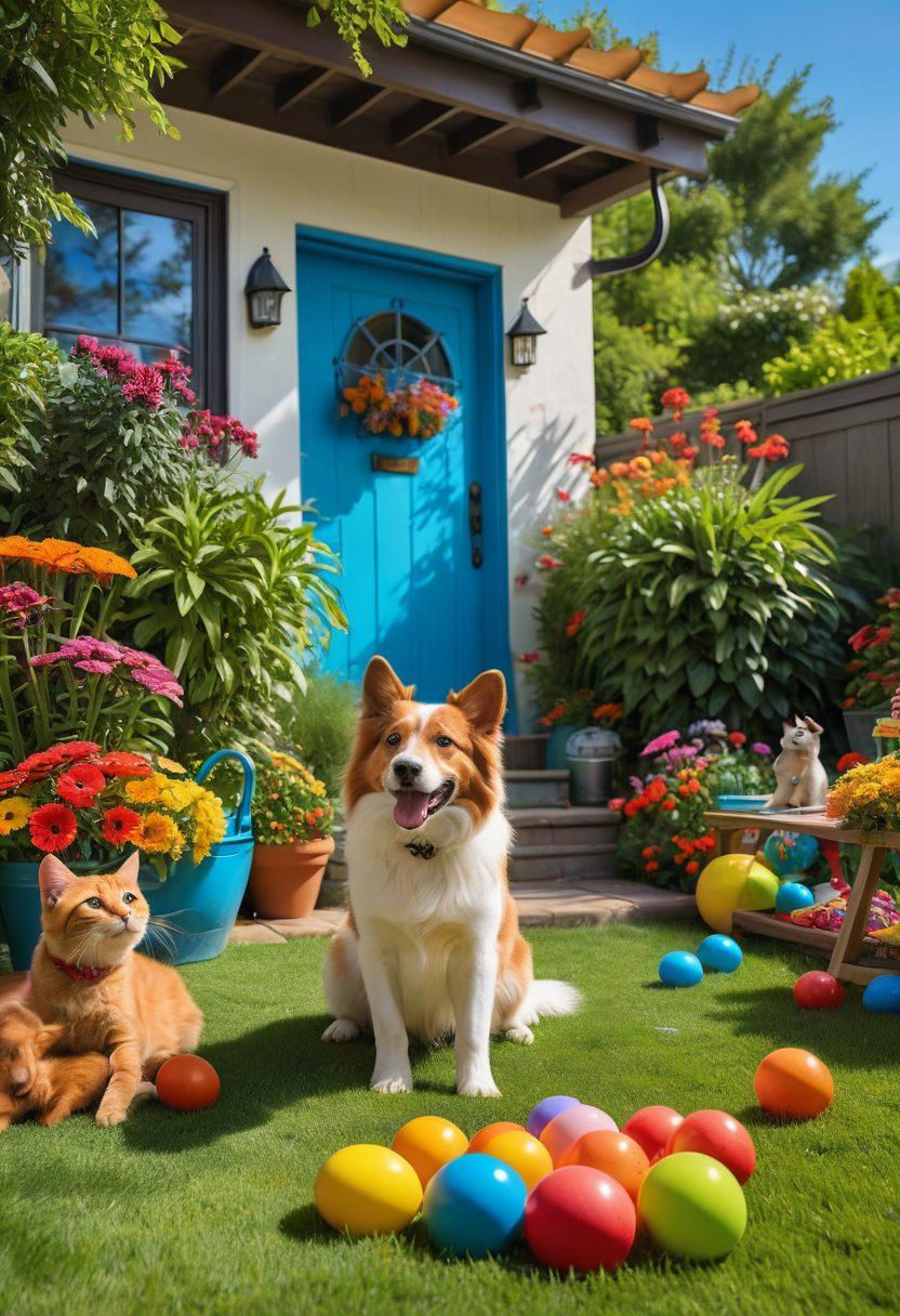 A vibrant scene featuring a joyful dog and a playful cat engaging in a sunlit backyard filled with colorful toys and greenery. Include a picnic setup with pet-friendly snacks in a cozy corner. Surround them with flowers and a rainbow in the background to evoke happiness and vitality. super-realistic. vibrant colors. bright background.